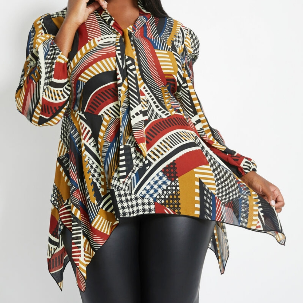 NWOT 22/24 Ashley Stewart Thanksgiving Mixed Print Asymmetrical Hem Bow Blouse